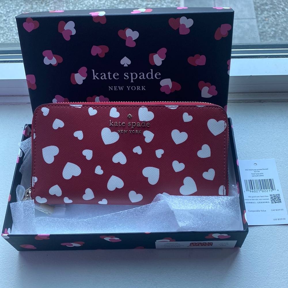kate spade red heart-print zip-around continental wallet